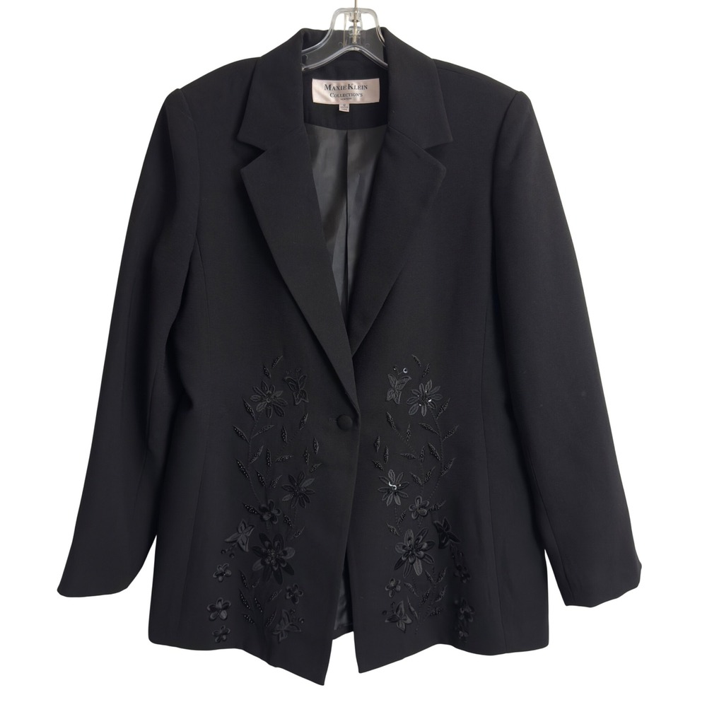 Maxie‎ Klein Collection Black Embroidered Beaded Blazer Jacket Womens 12 Floral